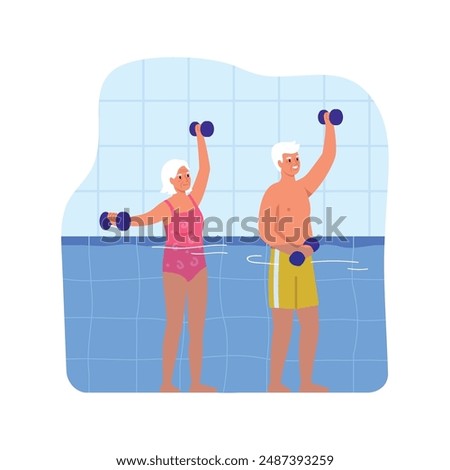 Vector illustration of aqua aerobics with dumbbells. Cartoon scene of an elderly, gray-haired man and woman, dressed in swimsuits, standing in the water of the pool and doing exercises with dumbbells.