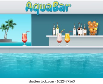 Vector illustration of aqua bar with drinks at large swimming pool in waterpark