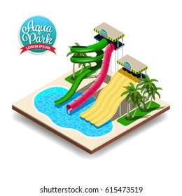 Vector illustration of Aqua Park with three funny water slides, water pool and palms isolated on white background
