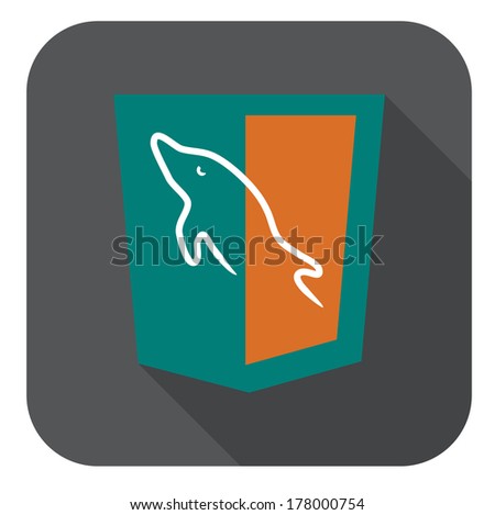 vector illustration of aquamarine shield with dolphin mysql database, isolated web site development icon on white background 