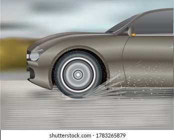 Vector illustration of aquaplaning by tires of a car on wet road
