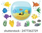 Vector illustration of an aquarium. Cartoon scenes of an aquarium, blue water, sand, beautiful, colorful different types of fish, algae, coral, stones, bubbles. Fish swim in the aquarium.