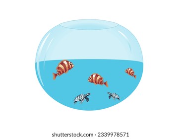 Vector illustration of an aquarium with cartoon turtles