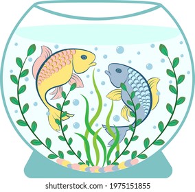 Vector illustration of an aquarium emblem with fish and plants, two fish as a sign of the zodiac, plants and bubbles in the aquarium, isolated on a white background