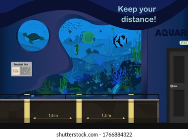 Vector illustration of the aquarium. An internal room with aquariums and markings for keeping the distance during quarantine and pandemics. Lines for visitors to the aquarium for a distance of one and