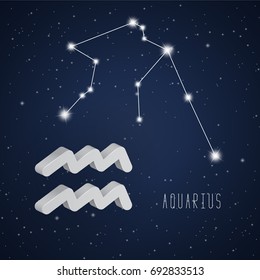 Vector illustration of Aquarius 3D symbol and constellation on the background of starry sky