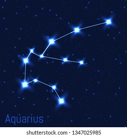 Vector illustration of Aquarius constellation. Astronomical Water bearer. Zodiac sign. Cluster of realistic stars in the dark blue starry sky.