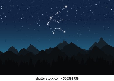 Vector illustration of Aquarius constellation on the background of starry sky and night mountain