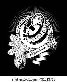 vector illustration Aquarius, horoscope frame in vintage black and white