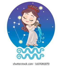 Vector illustration of Aquarius symbol. Young woman on space background pours water from the pot. Picture for prints, stickers and design.