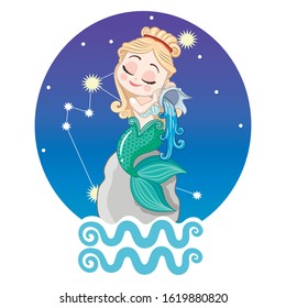 Vector illustration of Aquarius symbol. Young mermaid on space background pours water from the shell. Picture for prints, stickers and design.