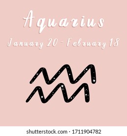 Vector illustration of Aquarius zodiac sign and date on a pink background.