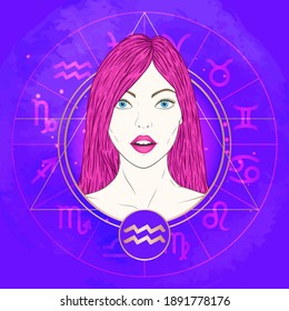Vector illustration of Aquarius zodiac sign and portrait beautiful girl on abstract background with horoscope circle. Mysticism, esoteric, astrology. Air element.