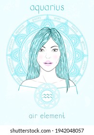 Vector illustration of Aquarius zodiac sign, portrait beautiful girl and horoscope circle. Air element. Mysticism, predictions, astrology. 