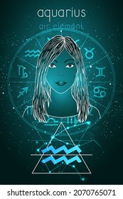 Vector illustration of Aquarius zodiac sign, constellation and portrait beautiful girl on abstract background with horoscope circle. Mysticism, esoteric, astrology. Air element.