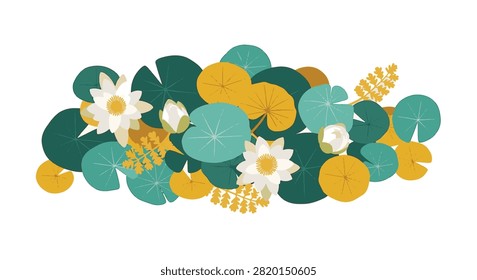 Vector illustration of aquatic water lily bundle featuring white lotus flowers, green lily pads, yellow leaves, and golden ferns isolated on a white background horizontal layout.