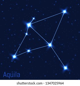 Vector illustration of Aquila constellation. Astronomical Eagle. Cluster of realistic stars in the dark blue starry sky.