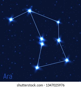 Vector illustration of Ara constellation. Astronomical Altar. Cluster of realistic stars in the dark blue starry sky.