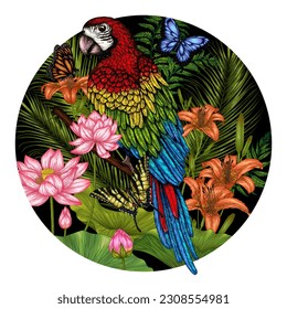 Vector illustration of a Ara parrot bird in a tropical garden. Palm leaves, lotus, tiger lily, fern, butterfly