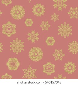 Vector illustration. Arab, Asian, ottoman motifs. Seamless pattern on pink background. Simple snowflakes seamless pattern, floral elements, decorative ornament.
