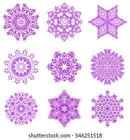 Vector illustration. Arab, Asian, ottoman motifs in violet colors. Illustration on a white background. Simple snowflakes set, floral elements, decorative ornament.