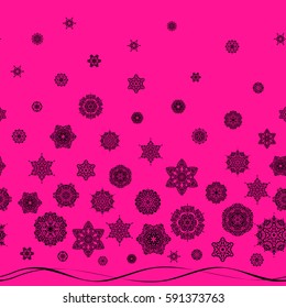 Vector illustration. Arab, Asian, ottoman motifs. Seamless pattern on magenta background. Simple snowflakes seamless pattern, floral elements, decorative ornament.