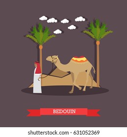 Vector illustration of arab bedouin wearing traditional clothing and camel. Trip to Egypt concept flat style design element.