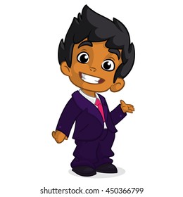 Vector illustration of a arab boy in man's clothes. Cartoon of a young boy dressed up in a mans business blue suit presenting