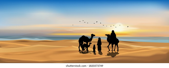 Vector illustration Arab family with camel walking in desert sands with sunset in evening,Panoramic Landscape Scenery of sun over mountains during twilight in orange color above desert and sand dunes.