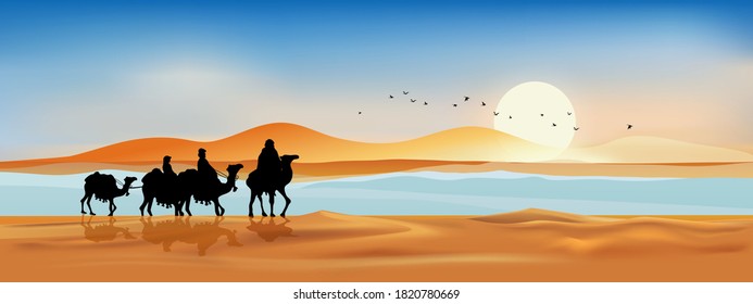 Vector illustration Arab family with camel walking in desert sands with sunset in evening,Panoramic Landscape Scenery of sun over mountains during twilight in orange color above desert and sand dunes.