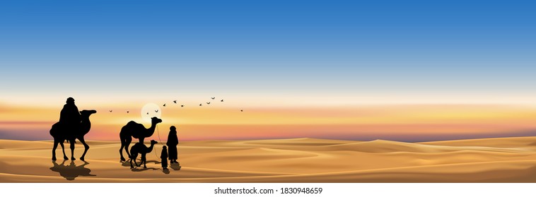 Vector illustration Arab family with camel walking in desert sands with sunset in evening with copy space,Landscape Scenery of sun over mountains during twilight in orange above desert and sand dunes.