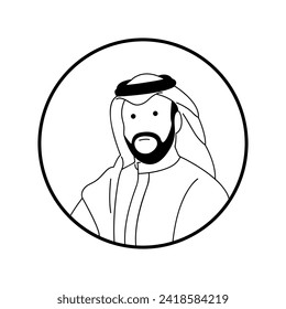 Vector illustration of an Arab male avatar with a traditional Muslim shemakh head scarf. Outline shape. Editable scratch vector illustration