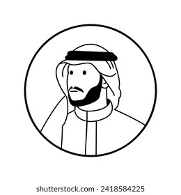 Vector illustration of an Arab male avatar with a traditional Muslim shemakh head scarf. Outline shape. Editable scratch vector illustration