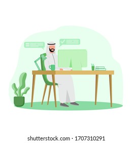 Vector Illustration. Arab Man Again At The Computer, The Concept Of Illustration Works In The Office, Study, Work From Home. Flat Style