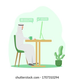 vector illustration. Arab man again at the computer, the concept of illustration works in the office, study, work from home. flat style