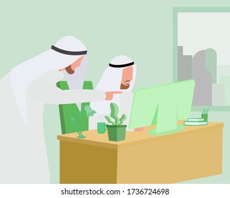 vector illustration. Arab man again at the computer, the concept of illustration works in the office, study, work from home. flat style