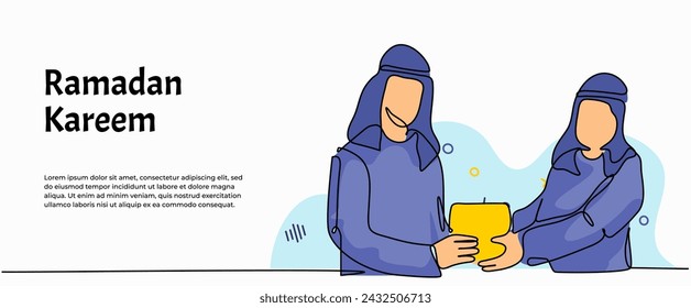 Vector illustration of Arab man caring for each other for banner, poster, and greeting card. Modern flat in continuous line style.