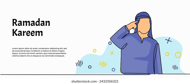 Vector illustration of an Arab man having idea for banner, poster, and greeting card. Modern flat in continuous line style.