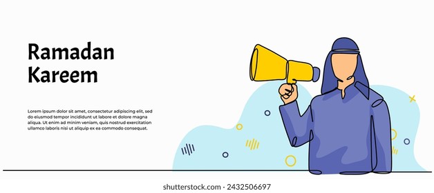 Vector illustration of an Arab man holding a megaphone for Islamic celebration promotion model. Modern flat in continuous line style.