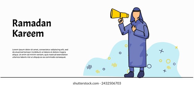 Vector illustration of an Arab man holding a megaphone for Islamic celebration promotion model. Modern flat in continuous line style.