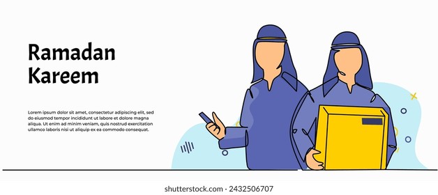 Vector illustration of Arab man promoting online delivery business for banner, poster, and greeting card. Modern flat in continuous line style.