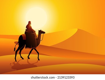 Vector illustration of Arab man riding camel in the hot desert, landscape for Ramadan and Islamic theme