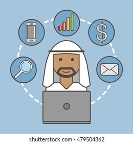 Vector illustration of Arab man working for a laptop. Business in a linear style icons.