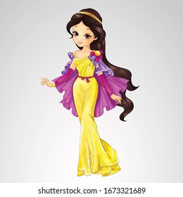 Vector illustration of arab princess in gold long dress with cape