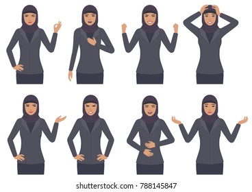 
 vector illustration of a arab woman character expressions with hands gesture, cartoon muslim businesswoman wit different emotion 