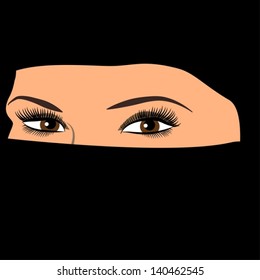 Vector illustration of arab woman. Portrait of muslim beautiful girl in paranja black