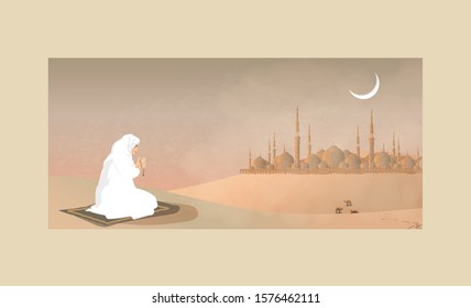 Vector illustration of Arabian desert.Vector of mosque,dust,sand,desert,camels a prayer prays to god in Ramadan Celebration month.Landscape of Muslim cultural tradition and Bedouin. 