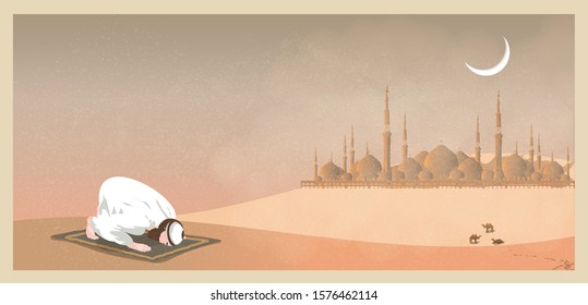 Vector illustration of Arabian desert.Vector of mosque,dust,sand,desert,camels a prayer prays to god in Ramadan Celebration month.Landscape of Muslim cultural tradition and Bedouin. 