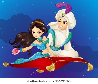 Vector illustration of Arabian fairy tale. Prince and Princess travelling on flying carpet at the night