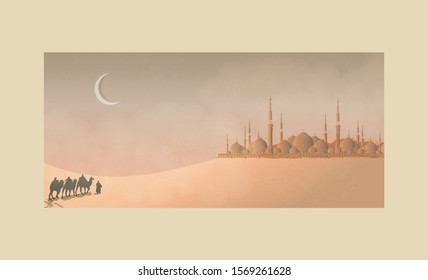 Vector illustration of the Arabian journey with camels through the desert with mosque, Traveler walking through the desert with camels, sand dune, dusk and twilight.With noise and grain texture  